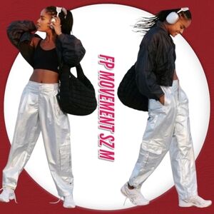 NWT Free People Movement Pants Cargo Mettalic Silver Sz M